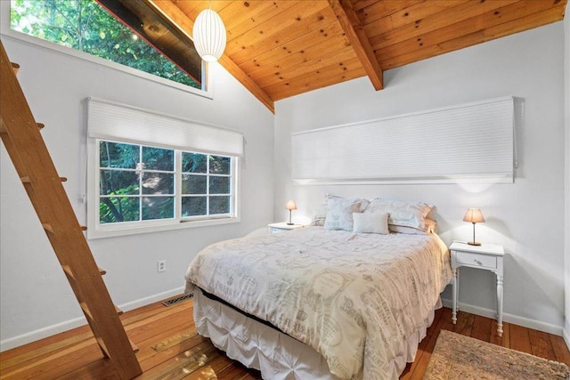 bedroom featuring wood ceiling, wood-type flooring, beam ceiling, and high vaulted ceiling