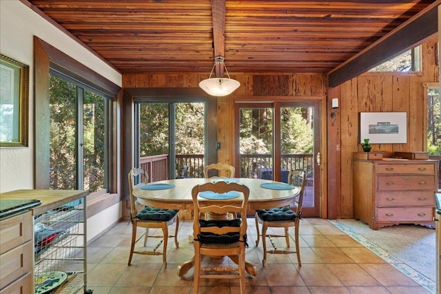 sunroom / solarium featuring plenty of natural light and wooden ceiling