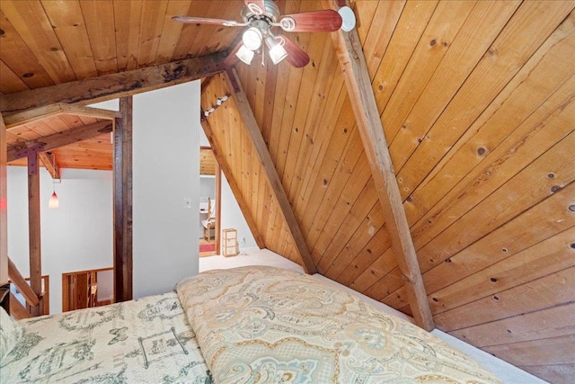 bedroom featuring ceiling fan, lofted ceiling with beams, and wooden ceiling