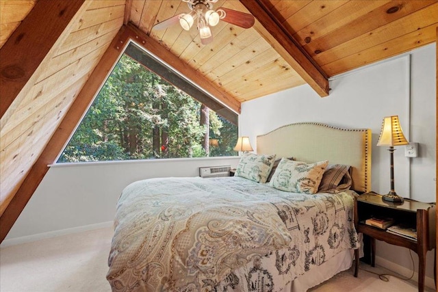 bedroom featuring vaulted ceiling with beams, light colored carpet, wooden ceiling, and ceiling fan