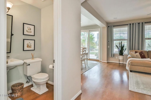 bathroom with hardwood / wood-style flooring and toilet