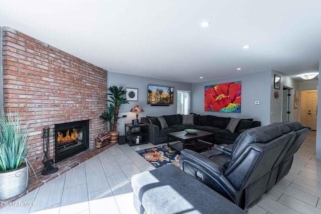 living room featuring a fireplace