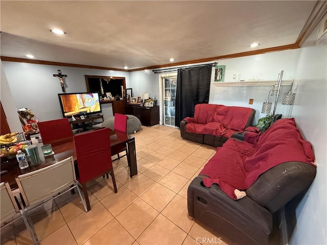 tiled living room with crown molding