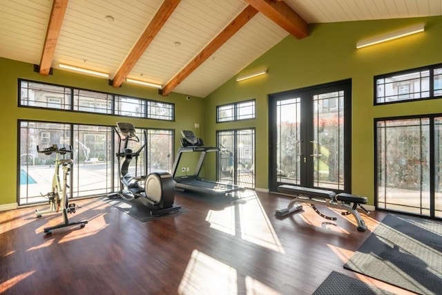 workout area with wood-type flooring, wooden ceiling, high vaulted ceiling, and french doors