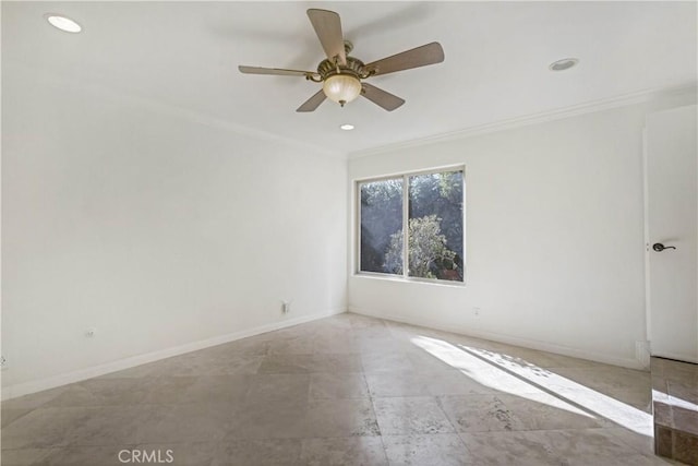 empty room with baseboards, ornamental molding, ceiling fan, and recessed lighting