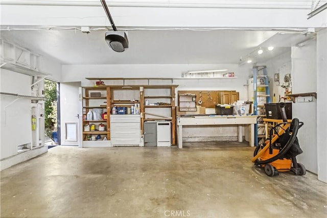 garage featuring a workshop area and a garage door opener