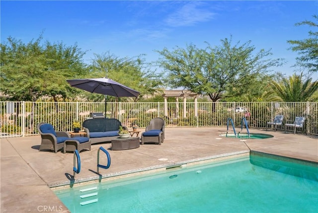 view of swimming pool featuring an outdoor hangout area, a pergola, and a patio area