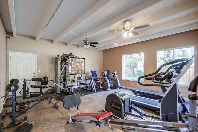 gym featuring ceiling fan and track lighting