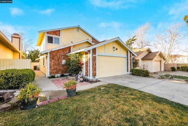 view of property with cooling unit, a garage, and a front lawn