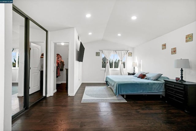 bedroom with vaulted ceiling, dark hardwood / wood-style flooring, and a closet