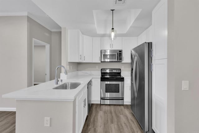 kitchen featuring white cabinetry, sink, hanging light fixtures, stainless steel appliances, and light hardwood / wood-style flooring