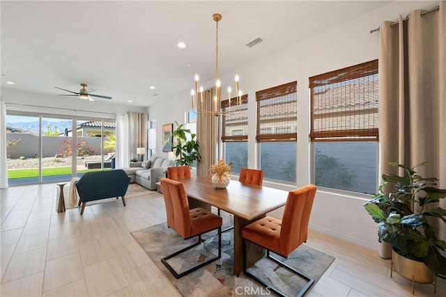 48 Vintage, Rancho Mirage, CA 92270 - dining space featuring recessed lighting, a ceiling fan, and a chandelier