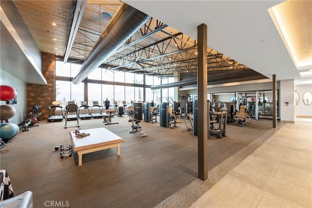 48 Vintage, Rancho Mirage, CA 92270 - workout area featuring floor to ceiling windows, a high ceiling, and carpet