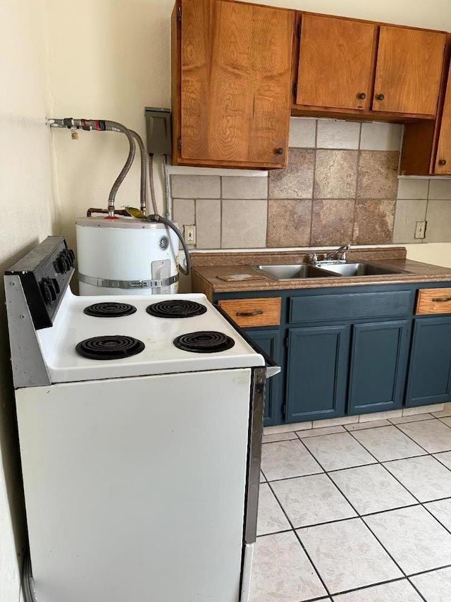 kitchen featuring sink, white electric range oven, strapped water heater, and decorative backsplash