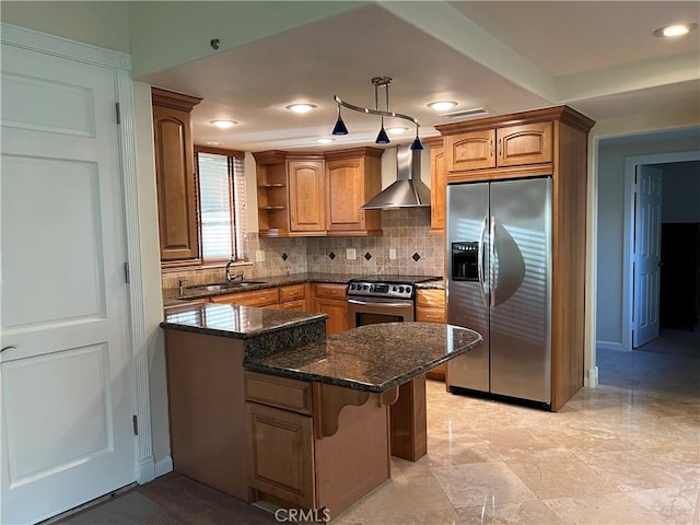 kitchen featuring stainless steel refrigerator with ice dispenser, a breakfast bar area, dark stone countertops, wall chimney range hood, and backsplash