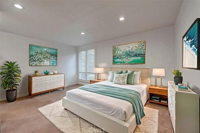 bedroom featuring carpet floors, recessed lighting, and baseboards