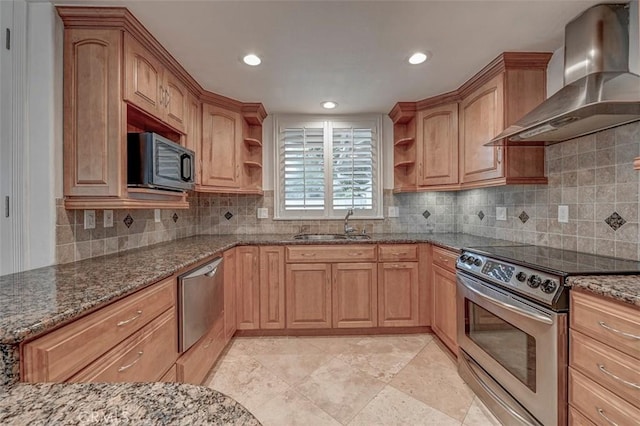 kitchen featuring stainless steel appliances, wall chimney exhaust hood, open shelves, stone counters, and decorative backsplash