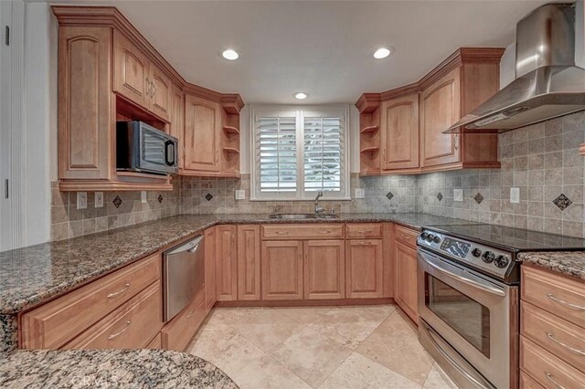 241 Calle Aragon Unit B, Laguna Woods, CA 92637 - kitchen featuring stainless steel appliances, wall chimney exhaust hood, open shelves, stone counters, and decorative backsplash