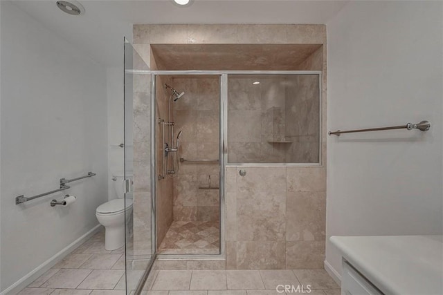 full bath featuring a shower stall, toilet, and tile patterned floors