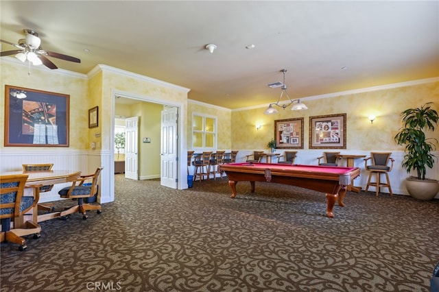 playroom featuring pool table, ornamental molding, and carpet