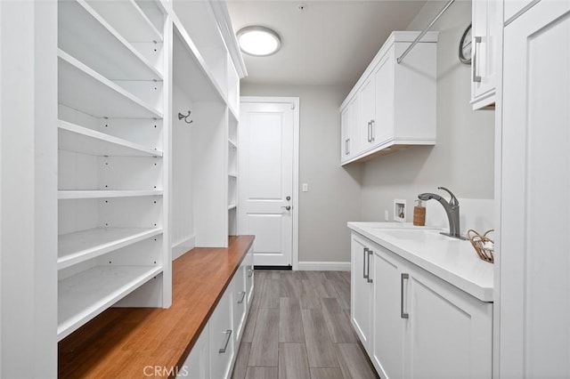 mudroom with sink and light hardwood / wood-style floors