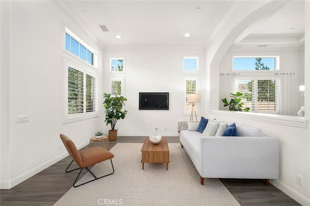 living room with crown molding and dark hardwood / wood-style floors