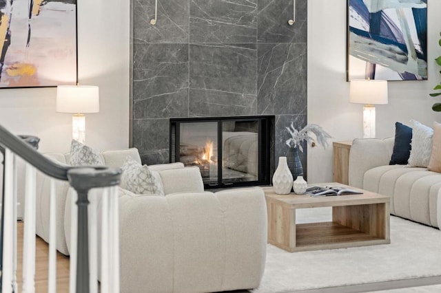 living room featuring a fireplace and wood-type flooring