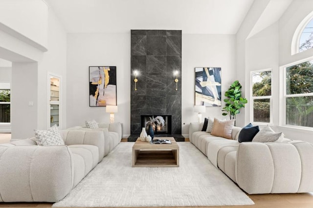 living room with lofted ceiling, a fireplace, and hardwood / wood-style floors