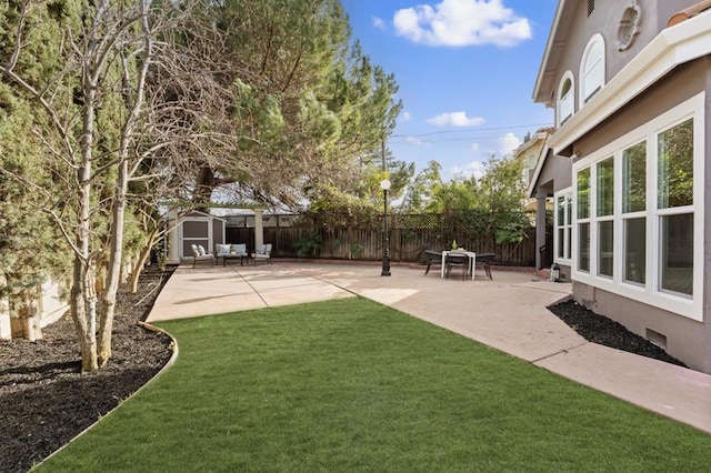 view of yard with a patio and a shed