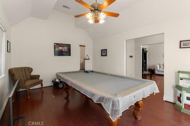 game room with lofted ceiling, visible vents, and wood finished floors