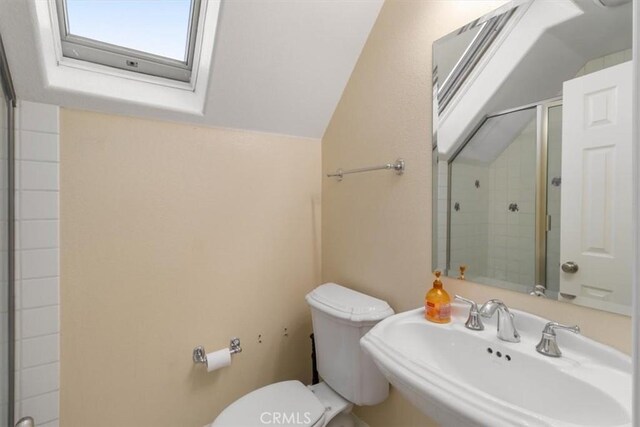 full bath with toilet, a stall shower, lofted ceiling with skylight, and a sink