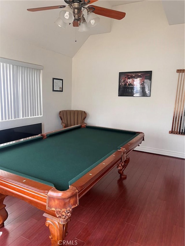 game room with billiards, baseboards, a ceiling fan, lofted ceiling, and wood finished floors