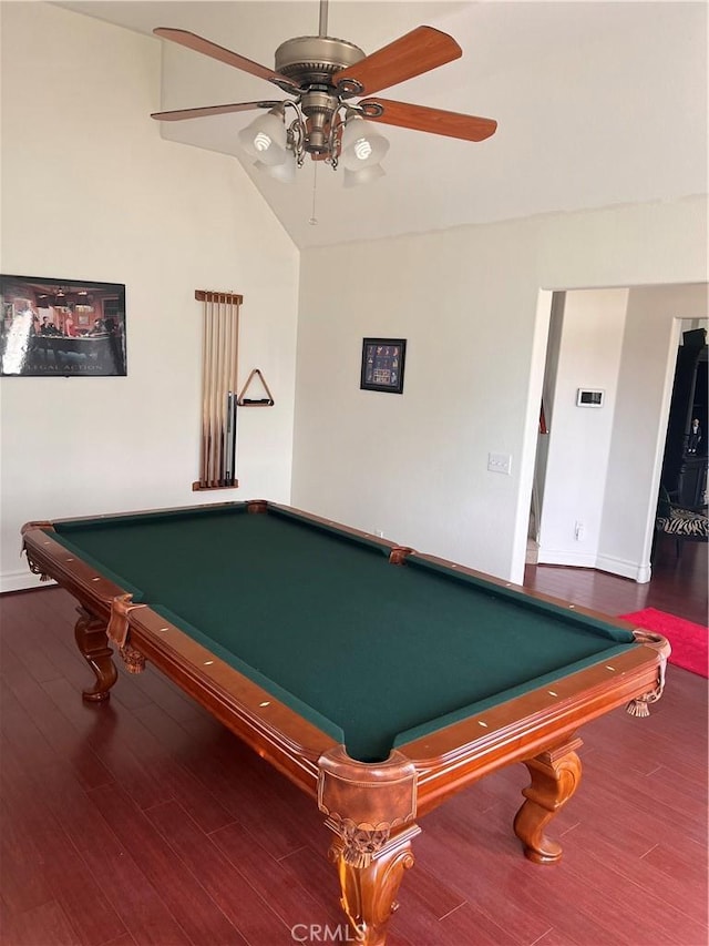 playroom with ceiling fan, pool table, wood finished floors, and baseboards