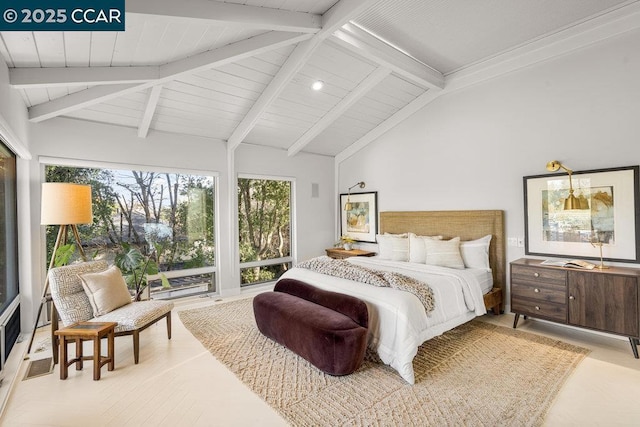 bedroom featuring vaulted ceiling with beams and wood ceiling