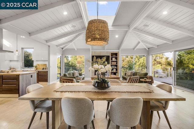 sunroom / solarium with sink and vaulted ceiling with beams