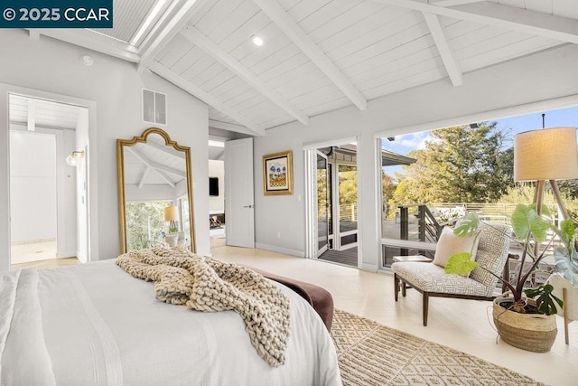 bedroom featuring ensuite bath, access to exterior, and vaulted ceiling with beams