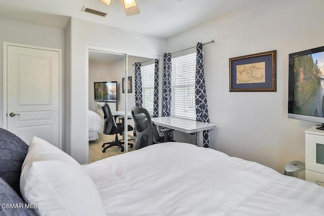 bedroom with ceiling fan and a closet