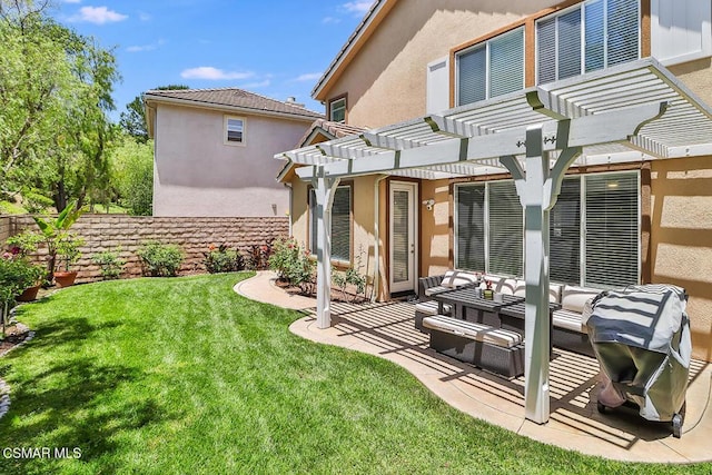 back of property with an outdoor living space, a lawn, a patio area, and a pergola