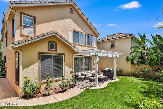 rear view of property with a pergola, a lawn, outdoor lounge area, and a patio