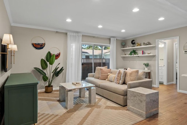 living room featuring ornamental molding and light wood-type flooring