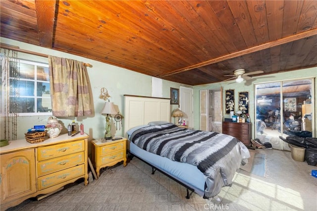 bedroom featuring access to exterior, wooden ceiling, and ceiling fan