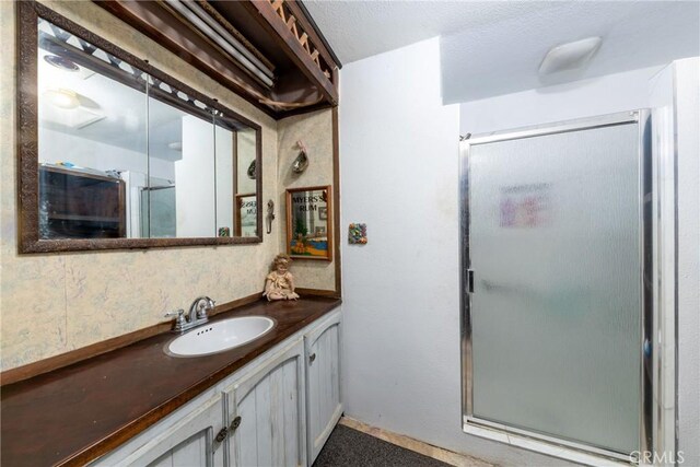 bathroom with a shower stall and vanity