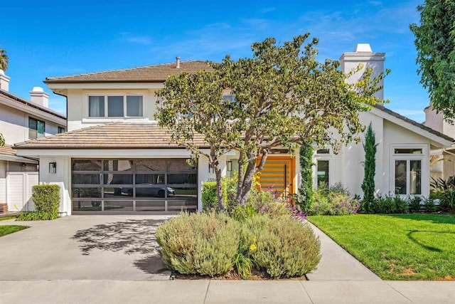 view of front of house with a garage and a front lawn