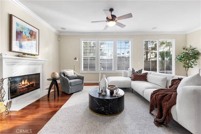 living room featuring crown molding, dark wood-type flooring, and ceiling fan