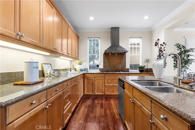 kitchen featuring wall chimney range hood, sink, dark wood-type flooring, stone counters, and stainless steel appliances