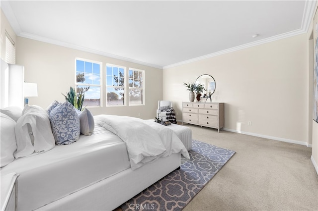 carpeted bedroom featuring ornamental molding