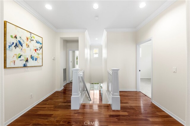 hallway featuring crown molding and dark hardwood / wood-style floors