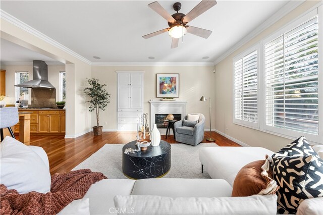 living room with ceiling fan, ornamental molding, and wood-type flooring