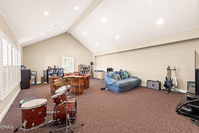 interior space featuring beamed ceiling, carpet, and high vaulted ceiling