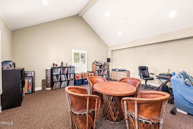 carpeted dining room with beamed ceiling and high vaulted ceiling